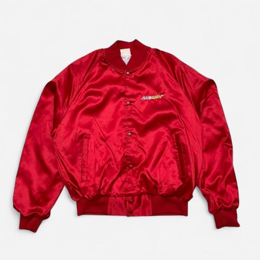 Vintage Auburn Sportswear Subway Red Satin Bomber Jacket Made in USA Mens Large